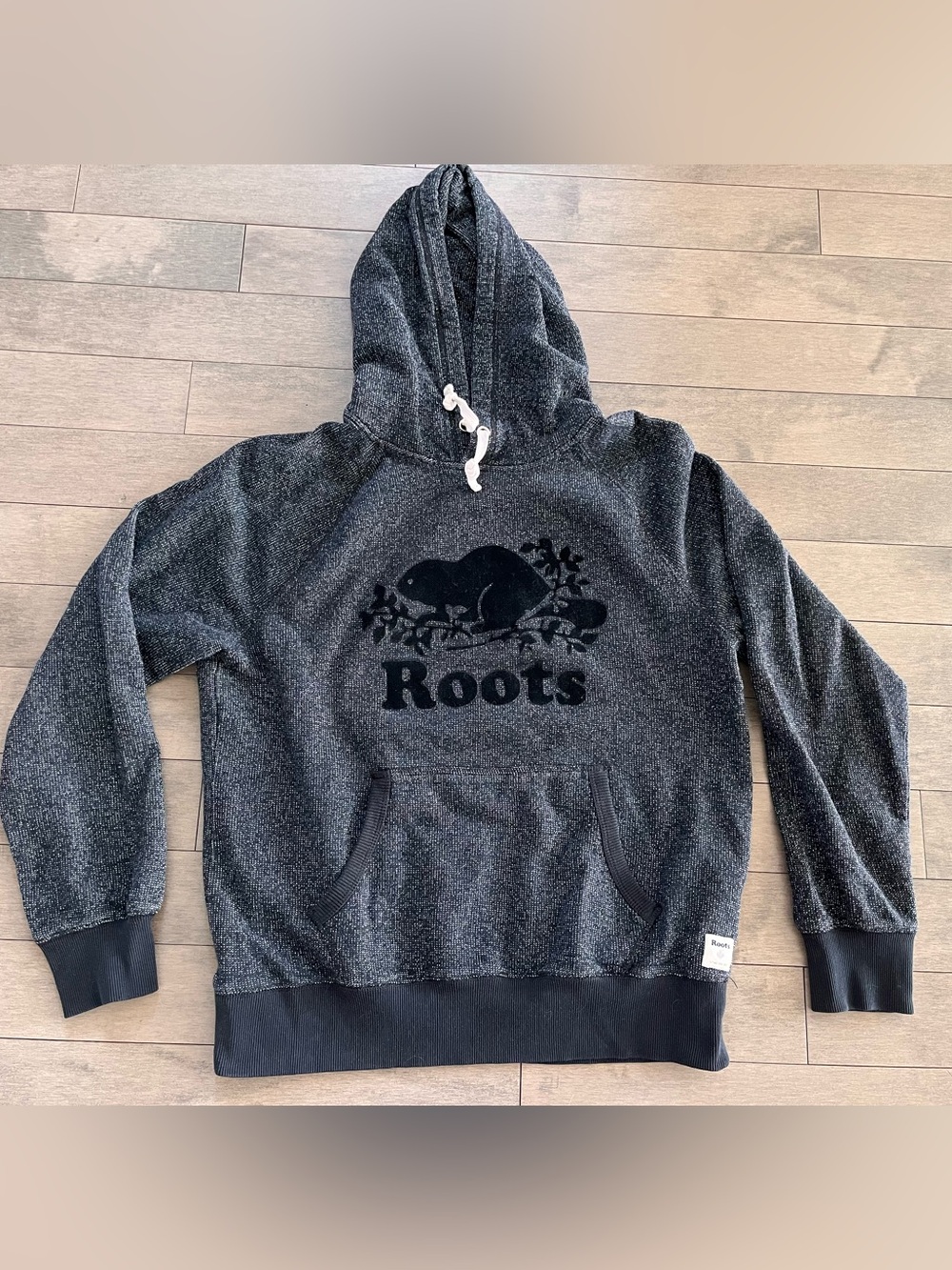 Roots Charcoal Heather Hoodie with Black Logo woman’s medium